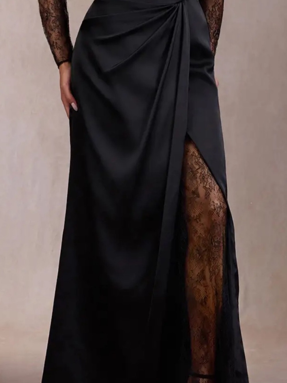 Azazie Black Satin Maxi Skirt with Lace Insets